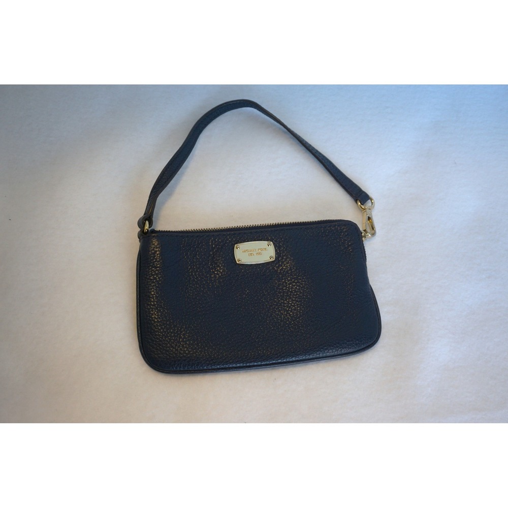 Michael Kors Navy Blue Pebbled Leather Wristlet Gold Hardware Pouch Bag